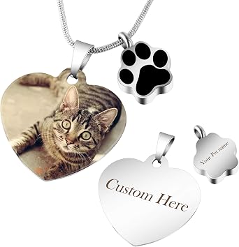 Bivei Personalized Photo Urn Necklace for Ashes Custom Text Engraving Heart Pet Memorial Keepsake Jewelry for Dog/Cat