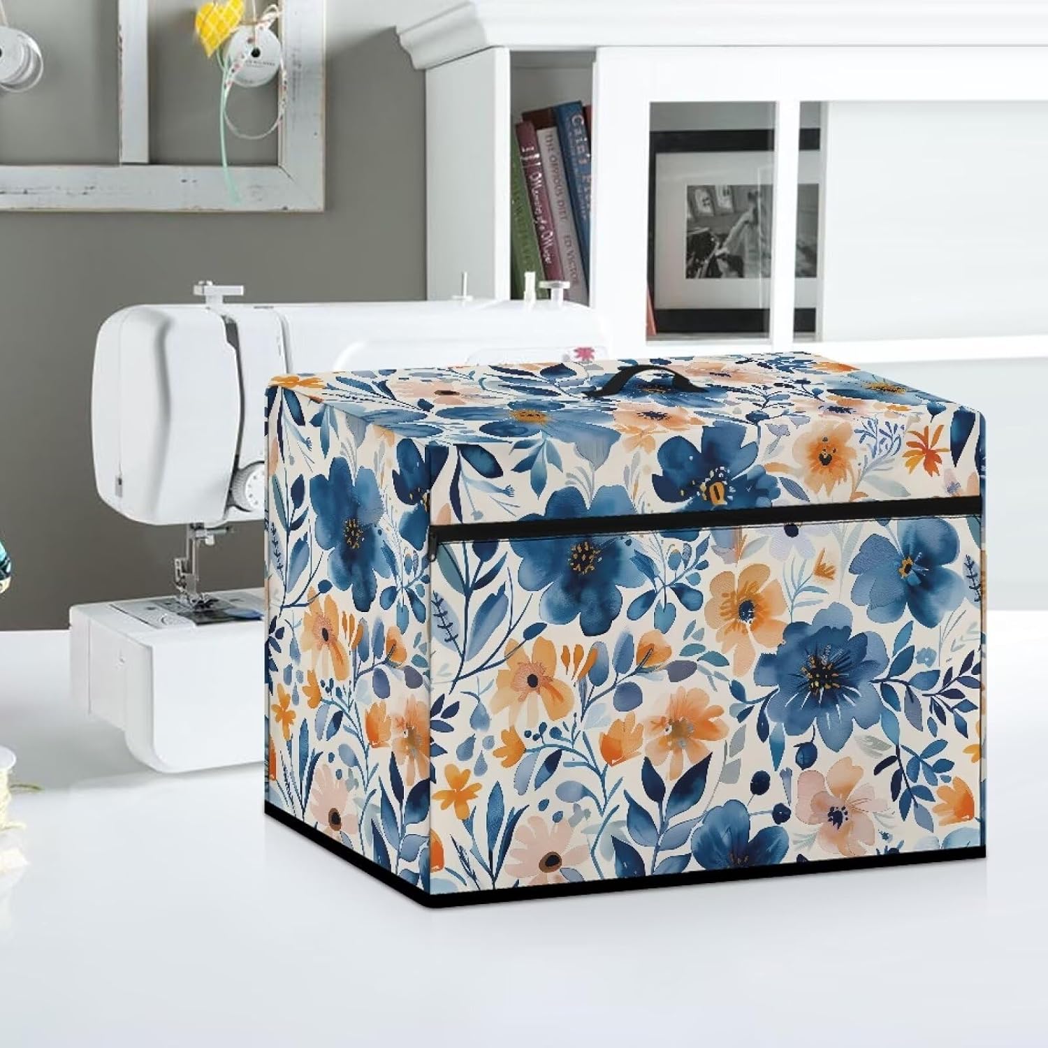 Flowers Cover for Sewing Machine,Foldable Sewing Machine Dust Cover with Storage Pockets Resuable for Most Standard Sewing Machines and Accessories