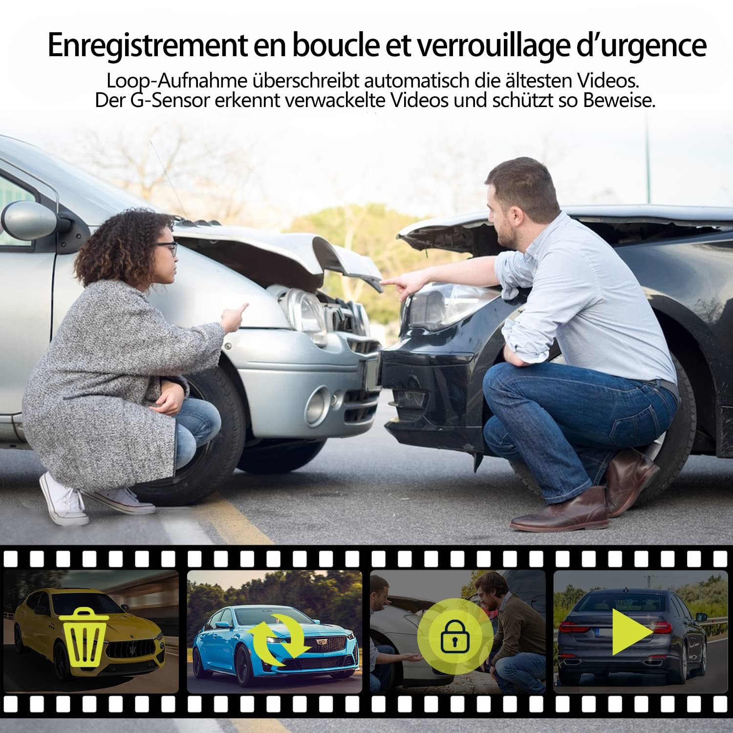 Volam 3 Kanal 1080P Dashcam Auto Vorne Hinten Inne mit Akku, Dash Cam Auto Kamera mit Parküberwachung, IR Nachtsicht WDR Autokamera, 170° Weitwinkel Autokamera, WDR, G-Sensor, Loop-Aufnahme