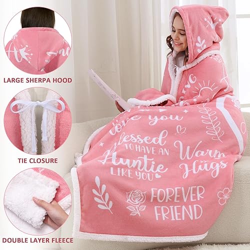 Miniatura 4 de Regalos de Navidad para mamá de hija, hijo, niños, acogedora manta con capucha de forro polar sherpa rosa, regalos de cumpleaños únicos para mamás,