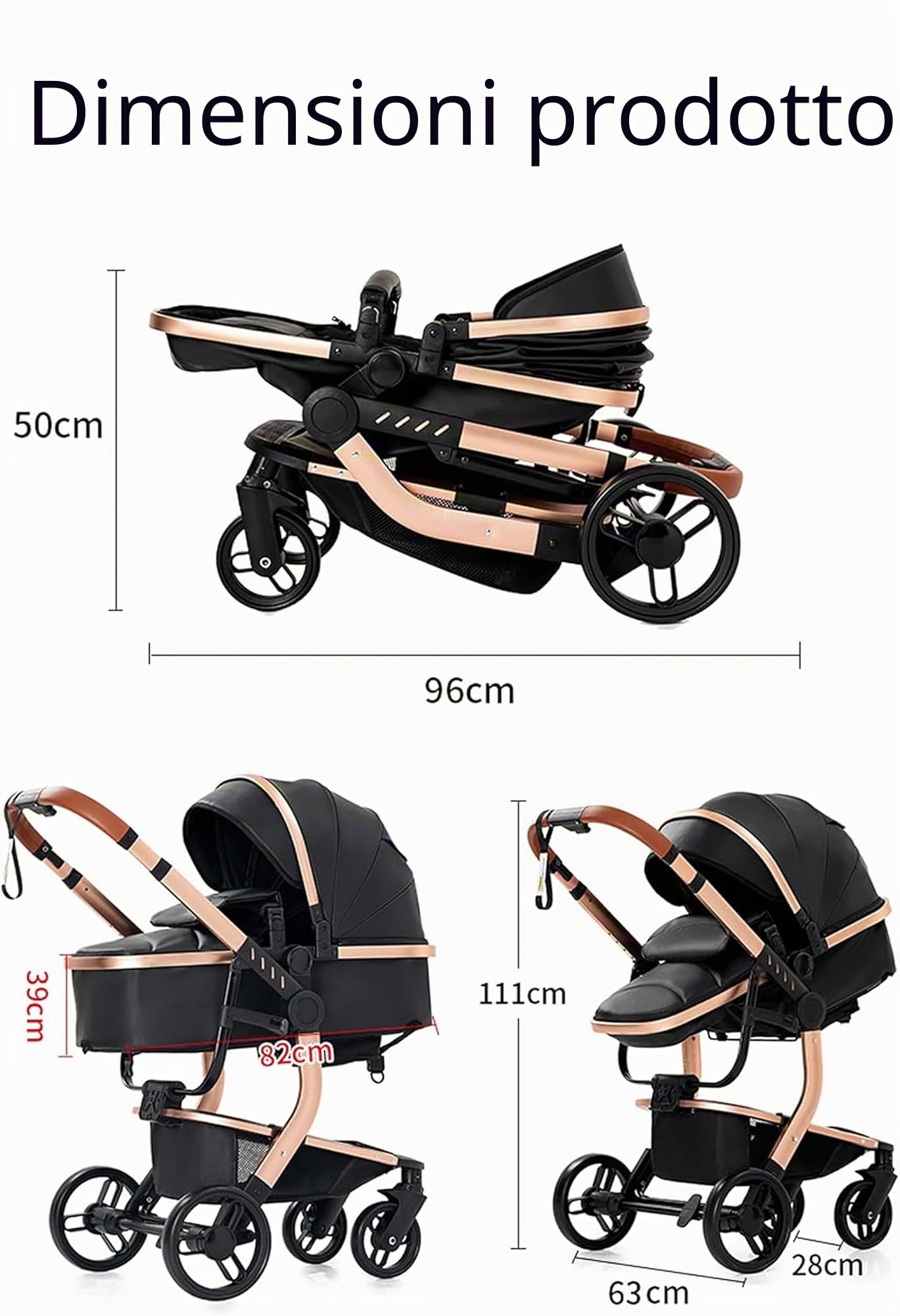 Magic ZC Pelle PU Passeggino Trio, Passeggino 3 in 1 con Doppia Modalità Push Reversibile, Trio Passeggini Neonati con Grande Navicella, Carrozzina per Neonati in Alluminio Pieghevole (L518 All Black)