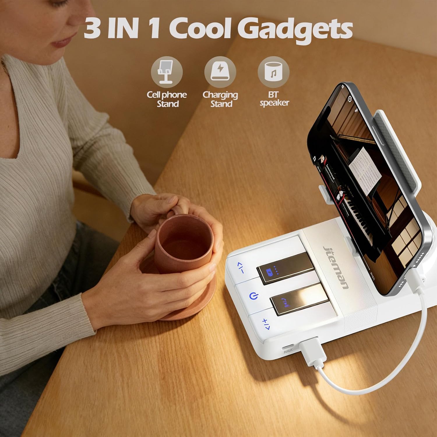 JTEMAN Cell Phone Stand with Bluetooth Speaker and Charging Stand,Piano Keys Design,Birthday Gifts for Men Women Dad Mom Husband Boyfriend Cool Tech Gadgets-White