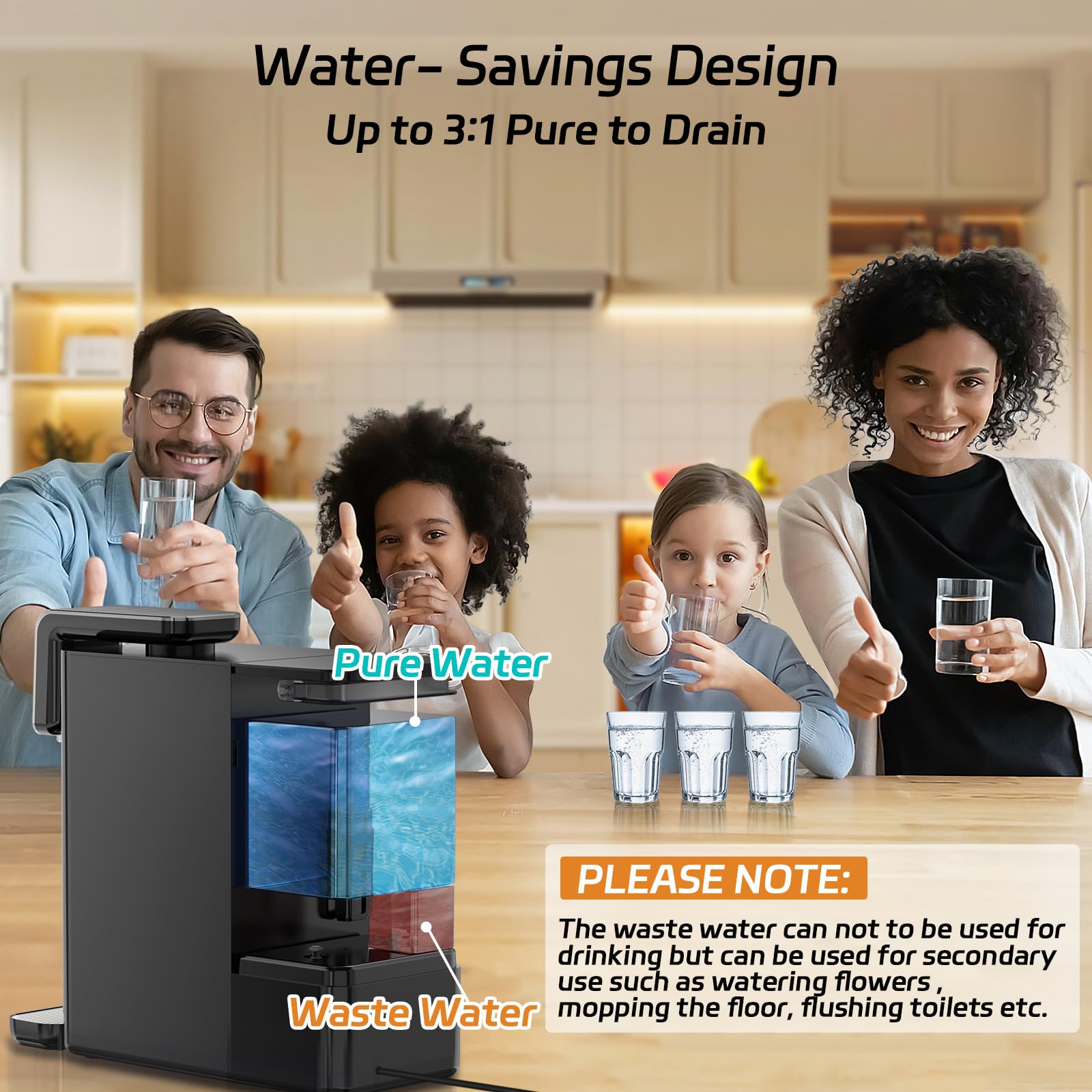 Osmoseur Inverse Distributeur Eau Chaude: osmose inverse avec filtration à 6 niveaux Système d'osmose inverse de comptoir moniteur TDS en temps réel 3:1 pur à évacuation pour Cuisine Bureau Maison