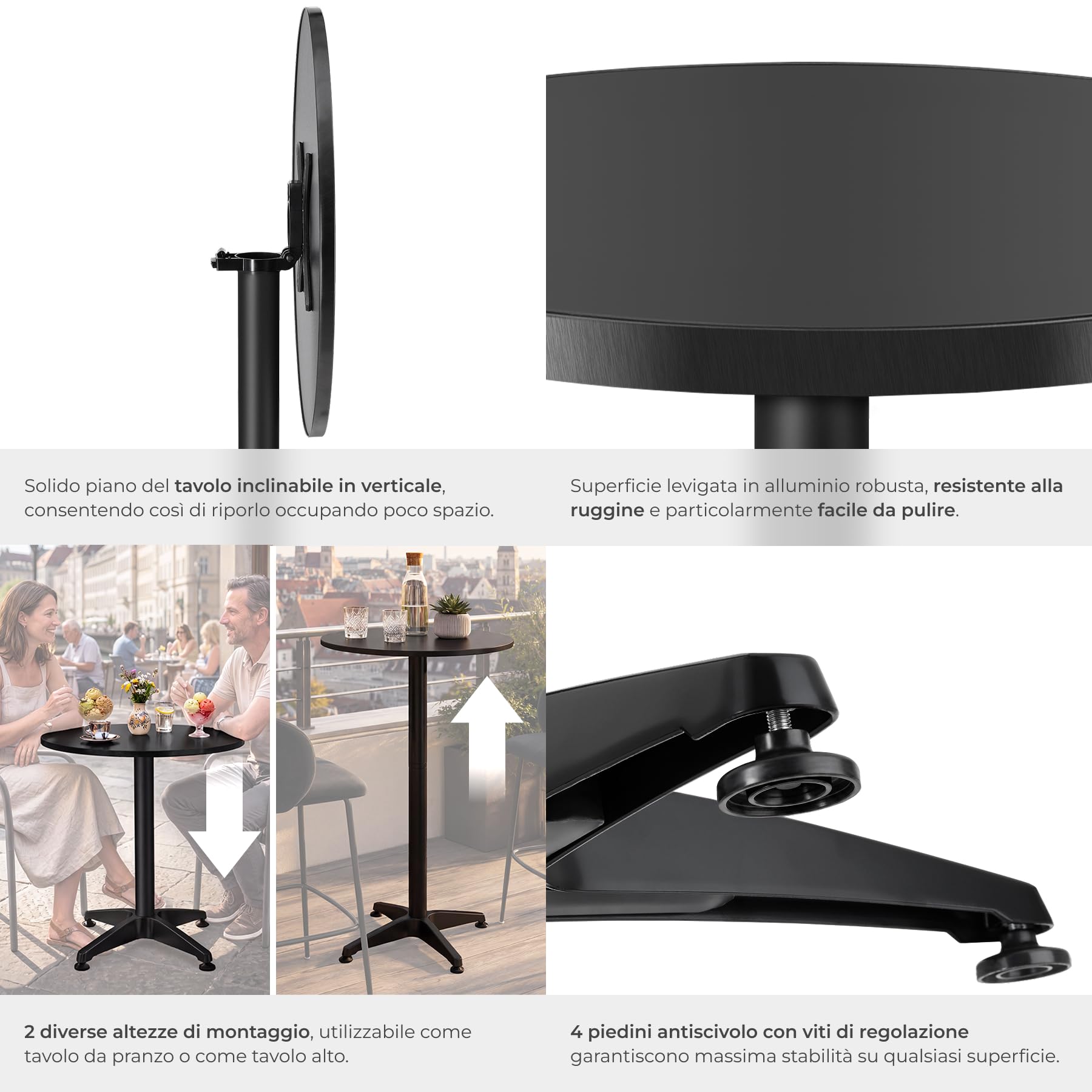 tectake® Set x2 Tavolino da Bistrot 2in1 Ø60 cm, 2x Tavolo Alto o Tavolo Pranzo, 2 Altezze, Pieghevole, Struttura in Alluminio, Piano MDF, Capacità 60 kg, Base in Cemento - Nero