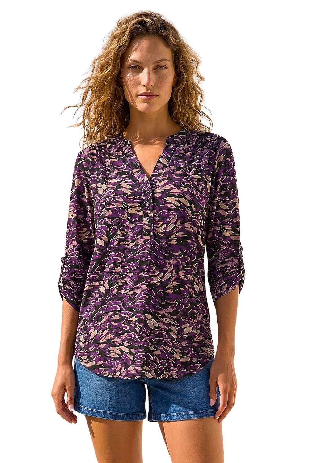 Roman Shirt for Women UK Ladies Top Collarless Blouse Stretchy Tunic Smart Casual Autumn Winter Jersey 3/4 Length Sleeve Notch V Neck Flattering Office Work