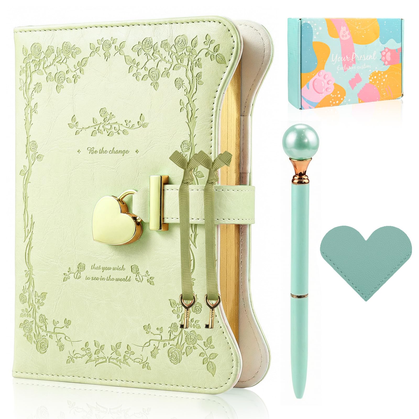 Diary with Lock for Girls and Women, Lockable diary Kids Diary, A5 PU Leather Notebook with LocK, 360 Pages Journal with Lock Keys Gift box, lockable Secret DiarY for Girls Ages 8-14 (Pale Green)