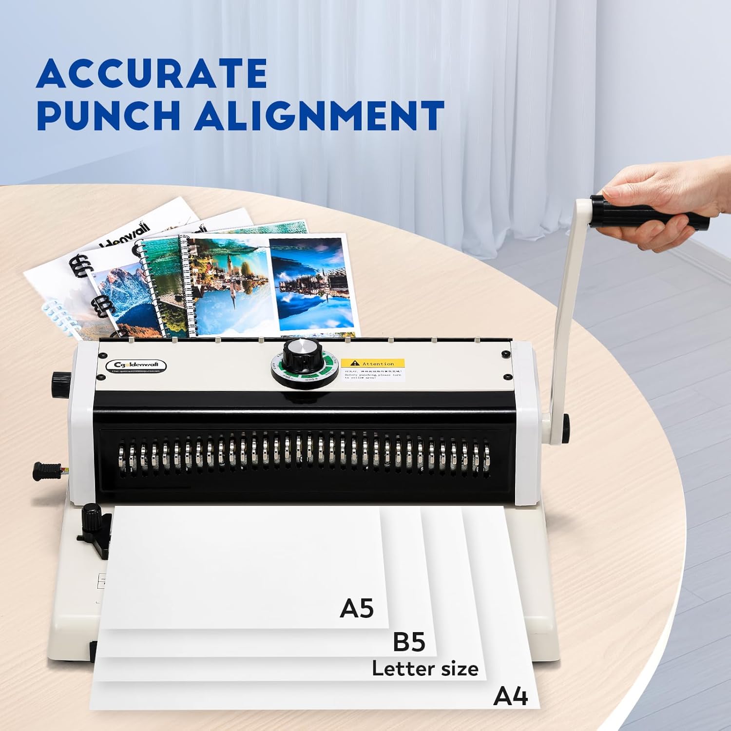 CGOLDENWALL T 598 showing accurate punch alignment for A4, A5, B5, and Letter size papers.