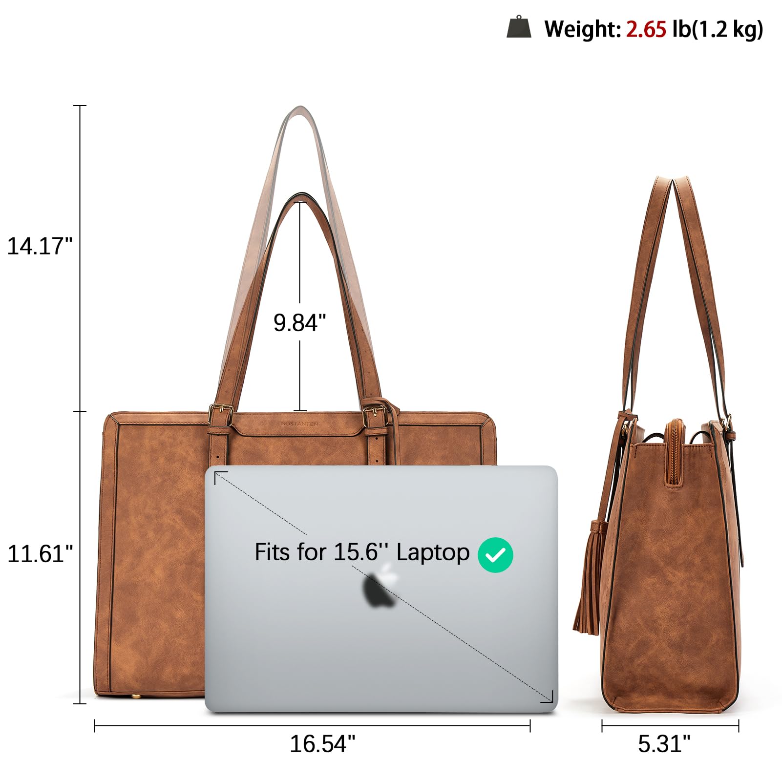 BOSTANTEN Damen Laptop Handtasche 15.6 Zoll Aktentasche PU Leder Schultertasche Frauen Businesstasche Große Shopper Tasche mit 3 Fächern,Braun