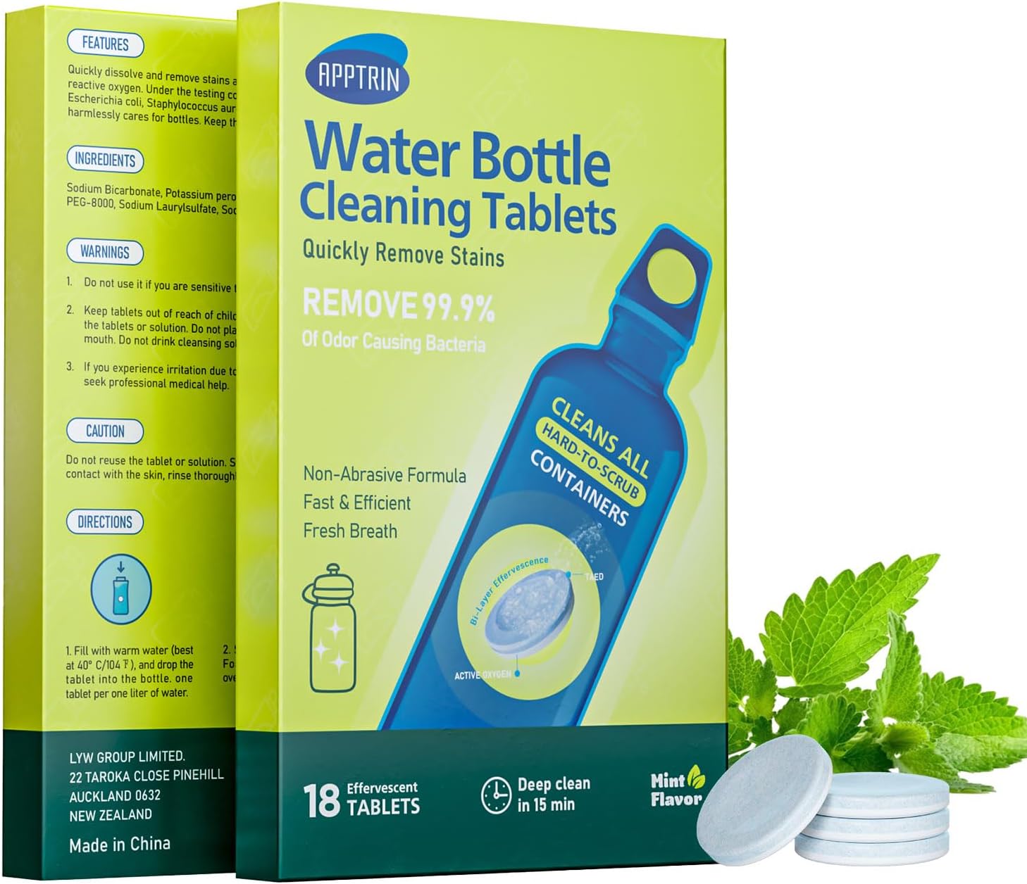 Water Bottle Cleaning Tablets, 18 Pack Bottles Clean Tablet Hydration Bladder Cleansing Tablets for Hydration Bladder, Water Bottle, Individually Packed, Mint Flavor