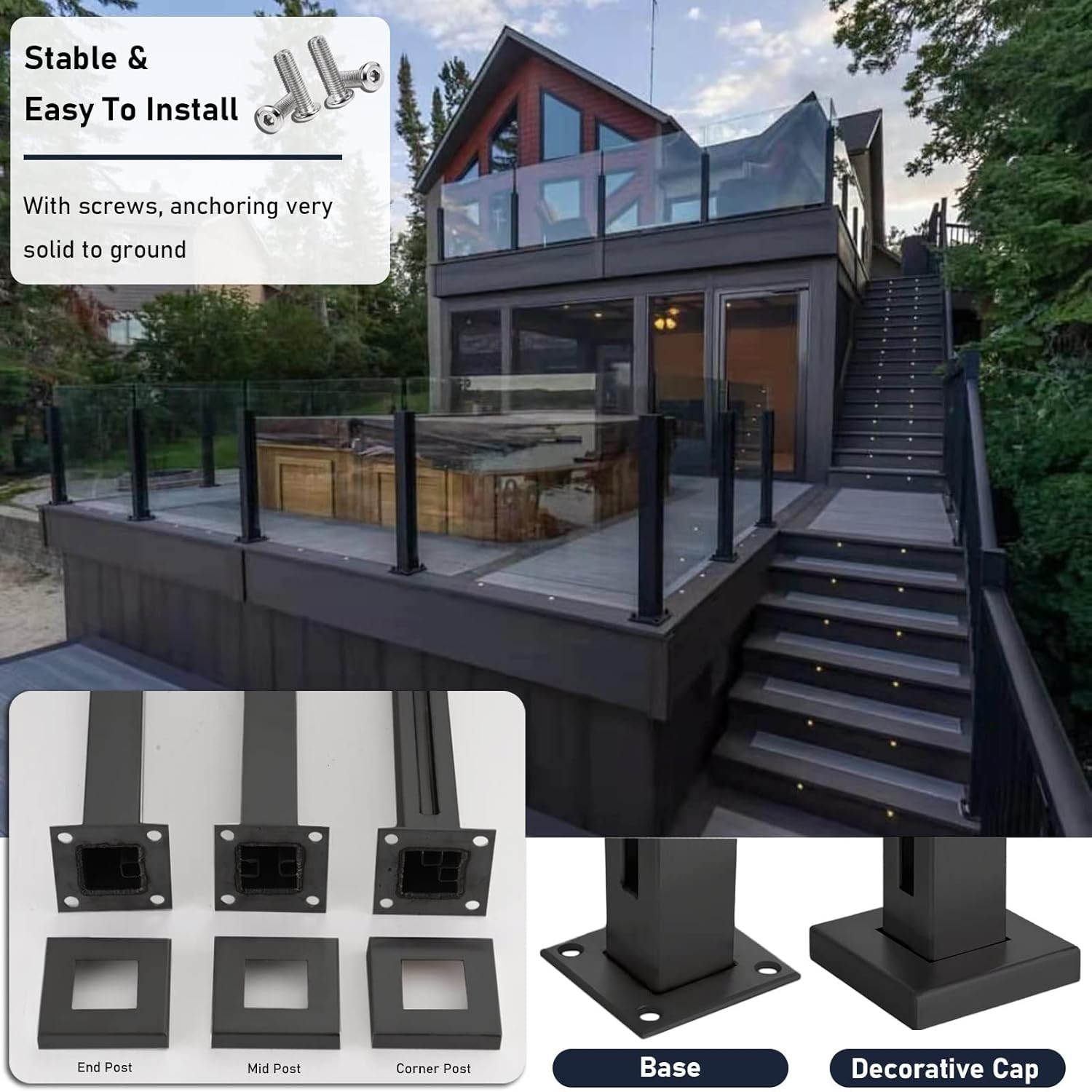 Glass Balustrade Panel Clamp Post Glass Railing Post, Square Black Stainless Steel Platform Partitions Fence/Guardrail Column, Patio Balcony Deck (Color : Corner Post, Size : 75cm/29.5")