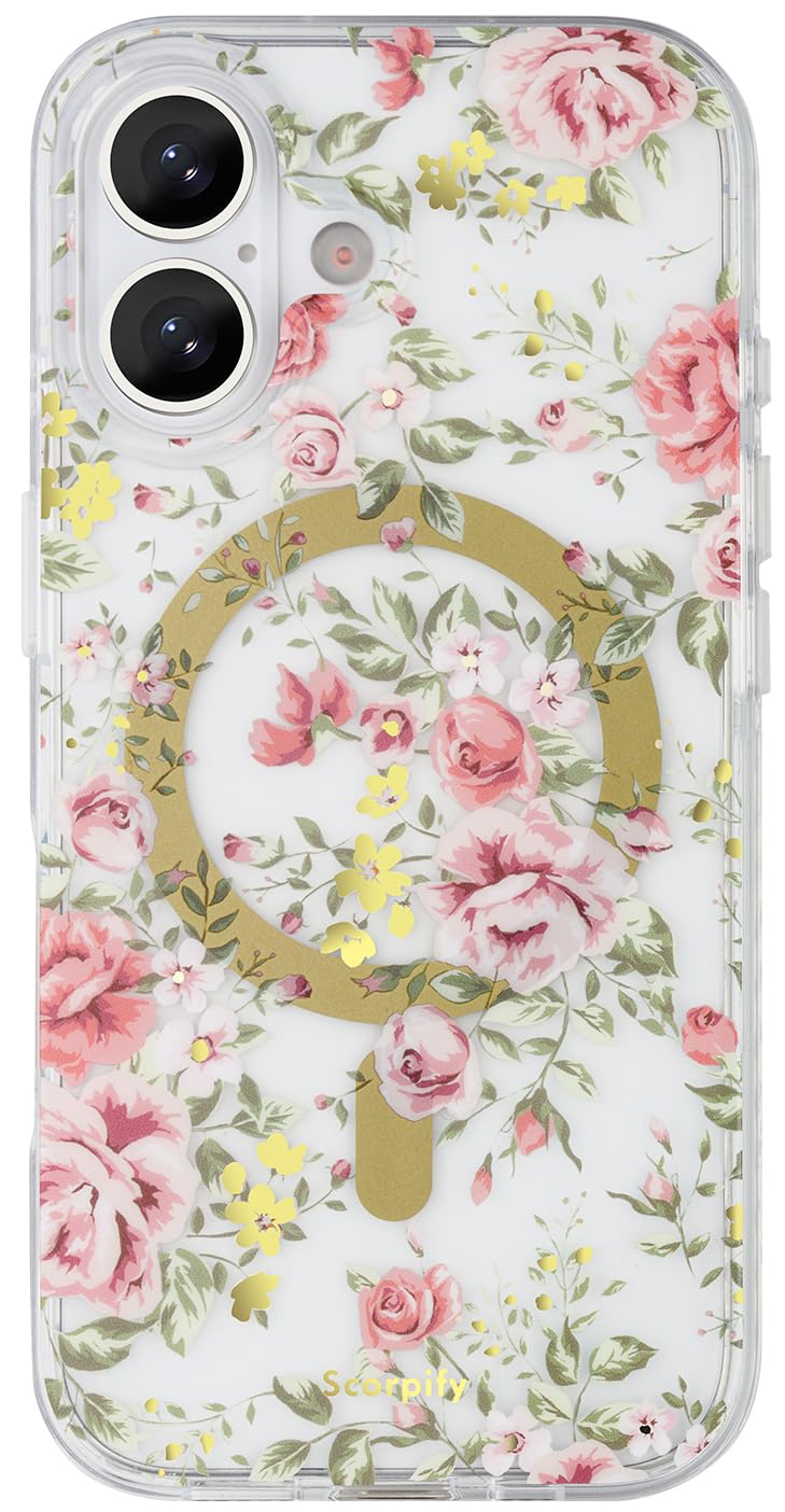 SCORPIFY for iPhone 17 Case [Compatible with MagSafe] with Country Rose Floral Design, Cute Clear Flower Magnetic Phone Cover for Women Girls, [Non Yellowing] Slim Bumper with Gold Accents