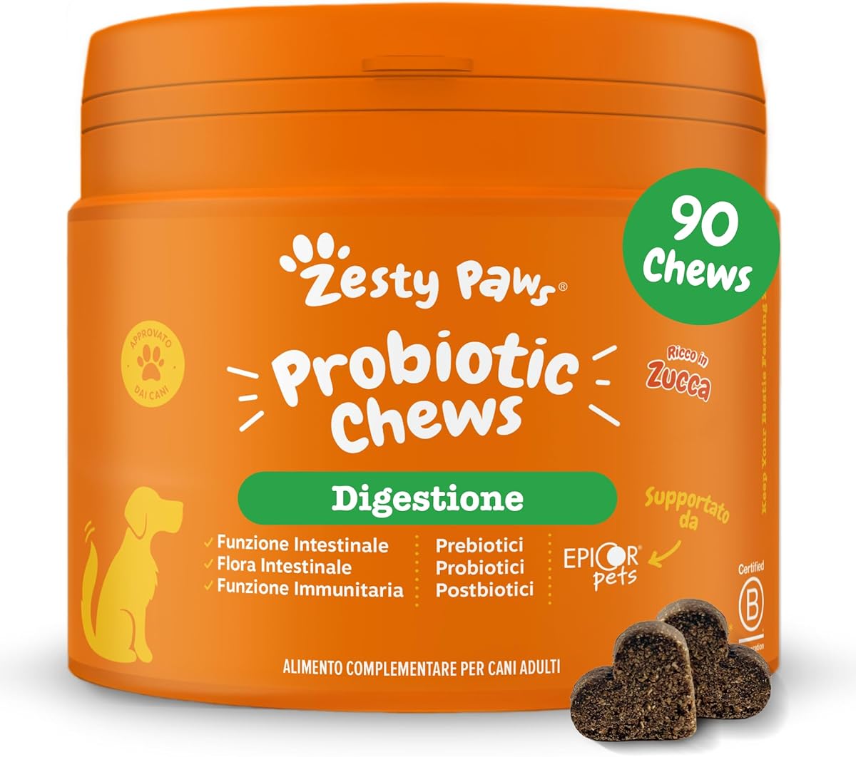 Zesty Paws Probiotici per Cani Chew, Fermenti Lattici Cane, Probiotico Digestivo per Cani - Integratore Alimentare Complementare per Cani Adulti di tutte le Taglie con Prebiotici e Postbiotici