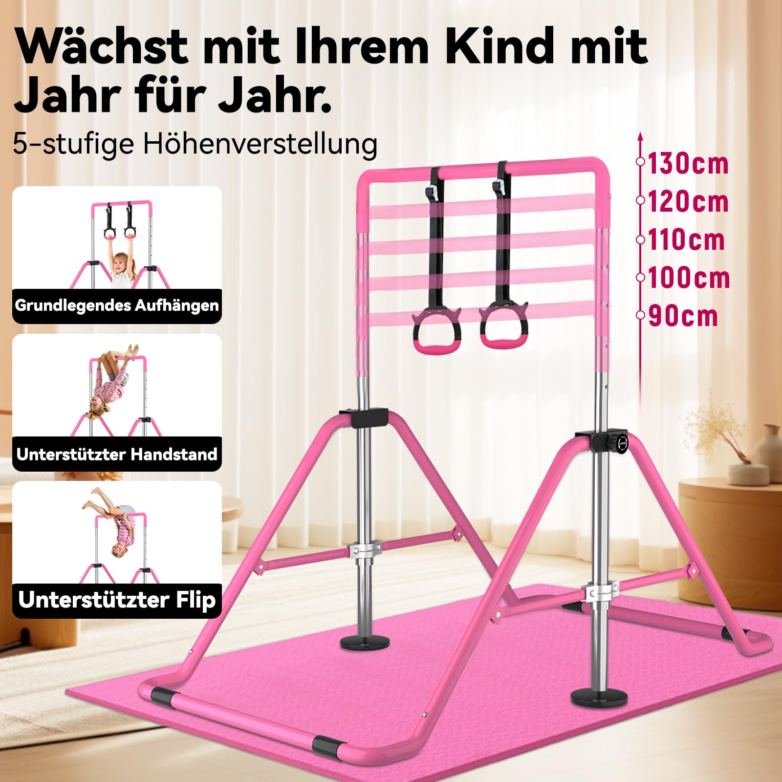 WATBKHE Gymnastikstange, verstellbare und Faltbare Reckstange mit Ringen, Gymnastics Bars Turnreck, erweiterbare Turnstange für Heimtraining, Reckstange Kinder für Indoor & Outdoor, mit Matte