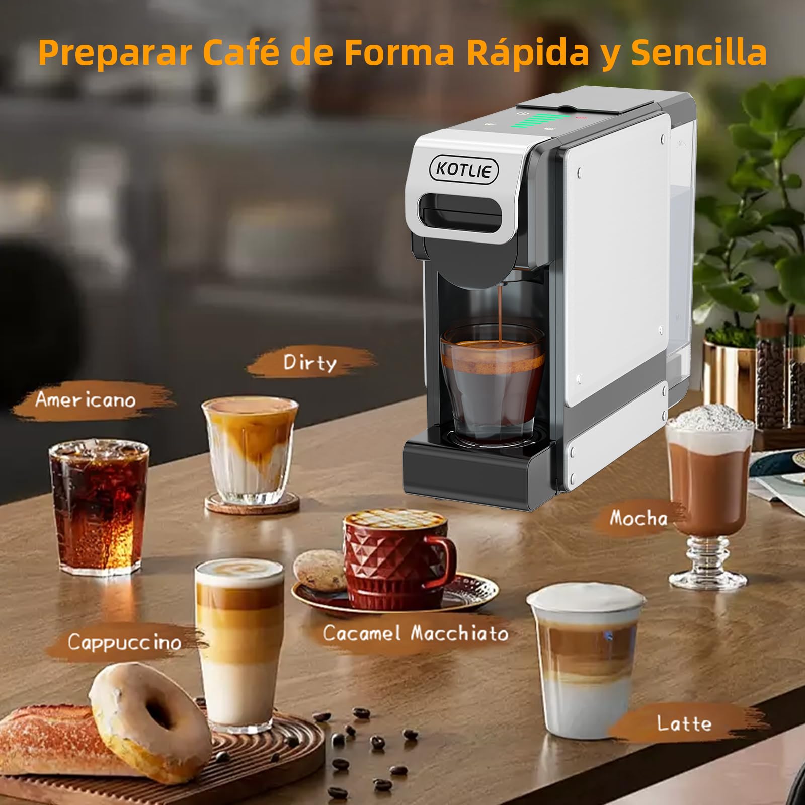 4 en 1 Máquina de Café en Cápsulas 19BAR para Lavazza MIO/Nespresso Original/Dolce Gusto cápsulas y Café Molido, Máquinas Automáticas de Café Espresso en Cápsulas Pequeñas, 1L, 1450 W (BLACK-ES) | 4 en 1 para cápsulas y polvos NES originales, DG*/Mio, 7 c