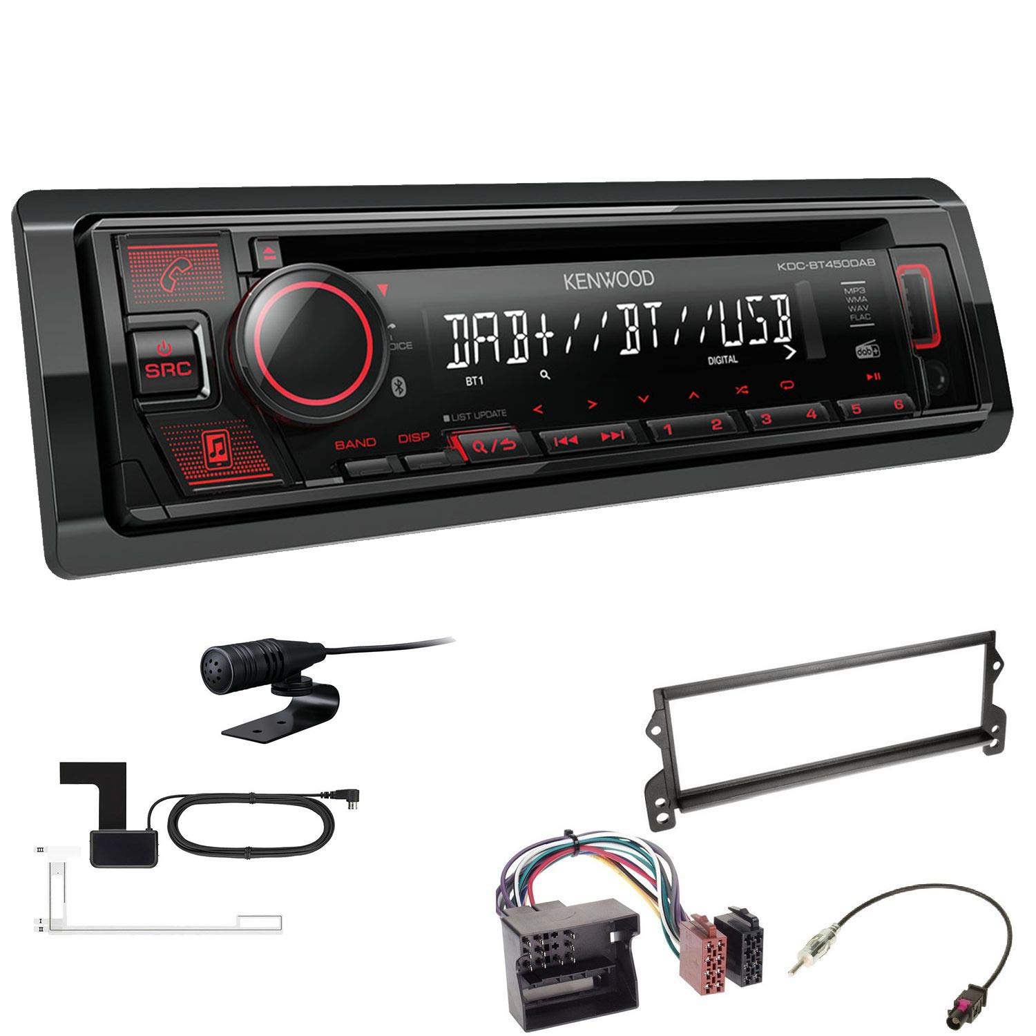 Kenwood KDC-BT450DAB 1-DIN DAB Autoradio Bluetooth CD USB AUX Einbauset passend für MINI Mini, Mini Cabriolet 2003-2008 schwarz