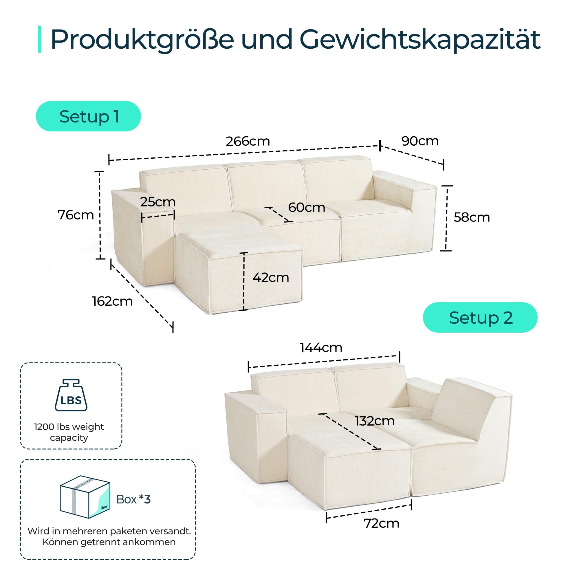 LINSY HOME Sofá de Esquina con función de Dormir - Sofá Cama Modular de 266 cm, sofá en Forma de L, sofás seccionales para salón, no Requiere Montaje (Chenilla, Blanco, 3 plazas con otomana)