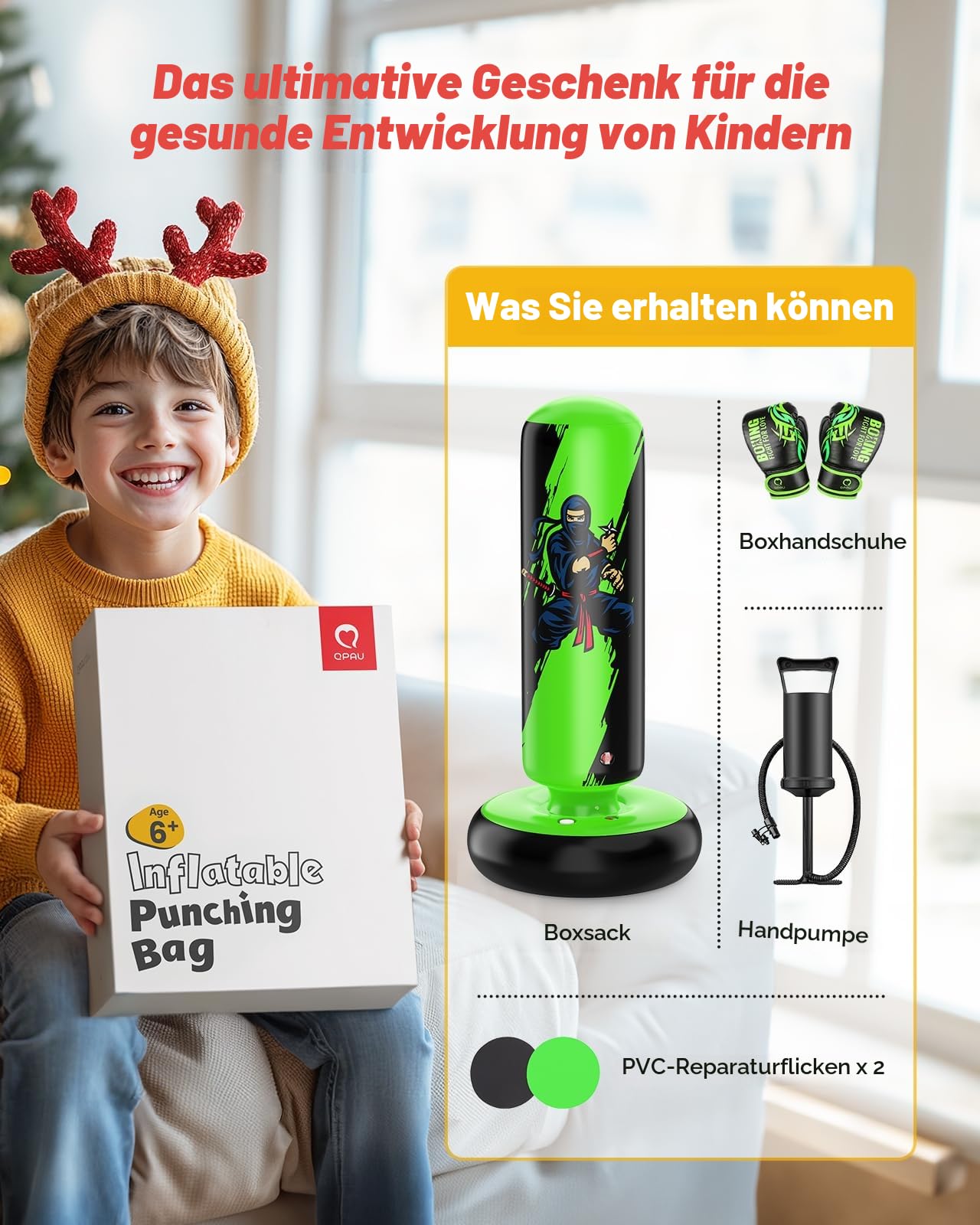 QPAU Boxsack für Kinder, freistehend, für 3-8 Kinder, Punching Ball, Geschenke für Jungen und Mädchen, Boxsack-Set für Karate, Taekwondo, MMA