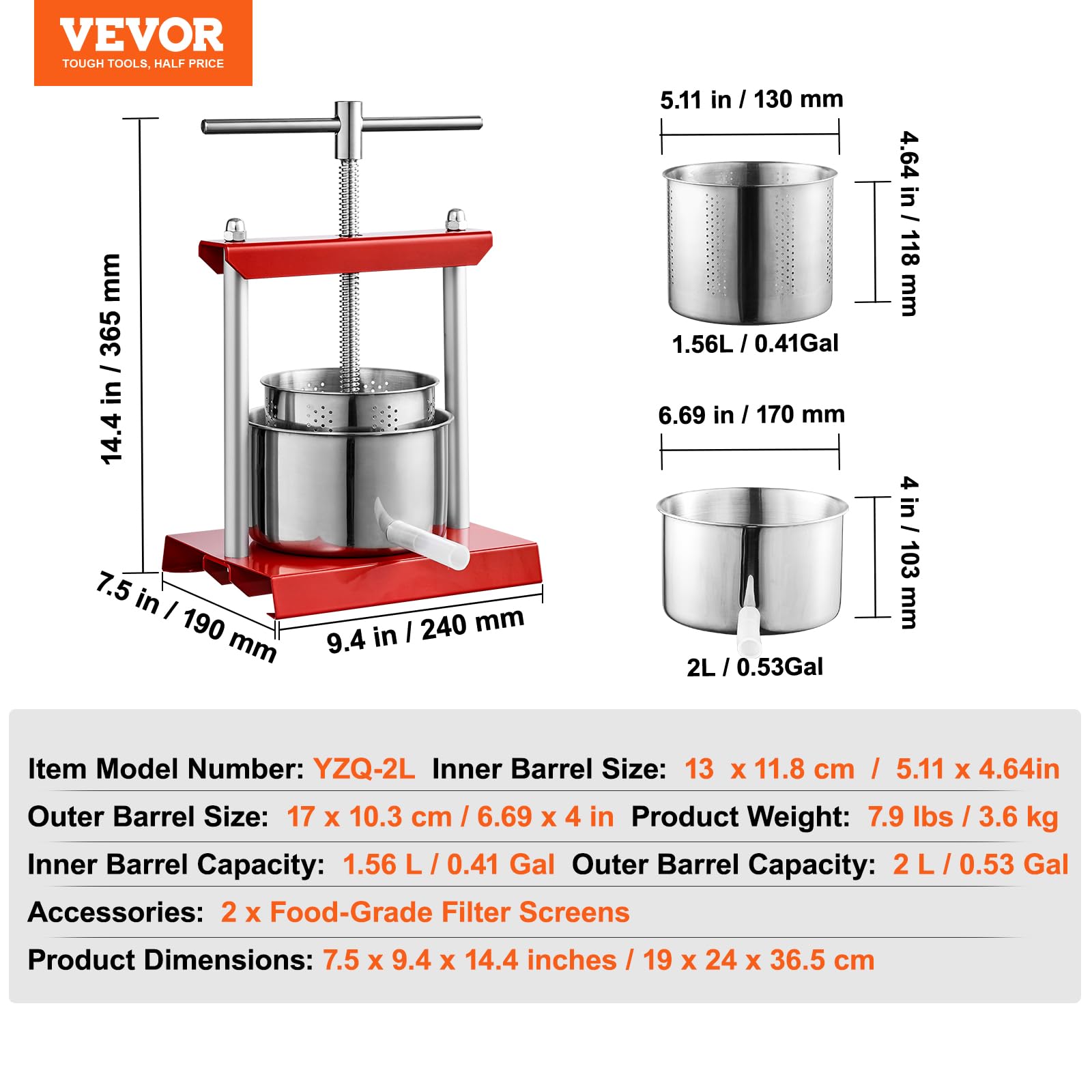 VEVOR Pressoir à Fruits Manuel 2 L Pressoir à Vin en Inox Presse-Fruits Manuel Baril Intérieur 14x13 cm Poignée Ajustable Broyeur de Fruits Légumes pour Pressage de Vins Jus de Fruit Cidres Purées