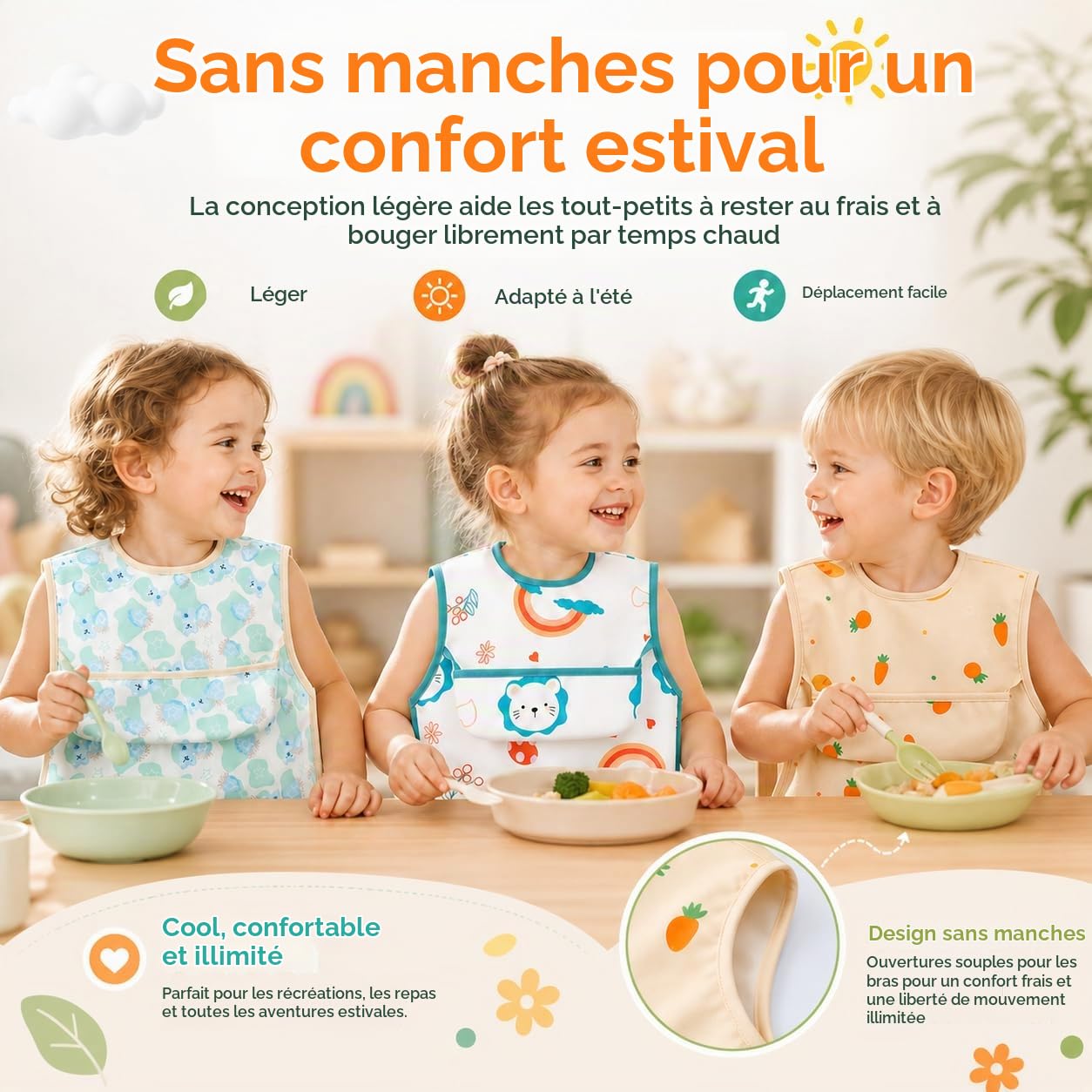 Lot de 3 Bavoirs Tablier Bébé Imperméables, Bavoir Plastique Enfant avec Poche Récupératrice, Tablier Repas Sans Manches, Bavette Bébé Facile à Nettoyer pour Manger, Peindre, Jouer, 2-4 Ans