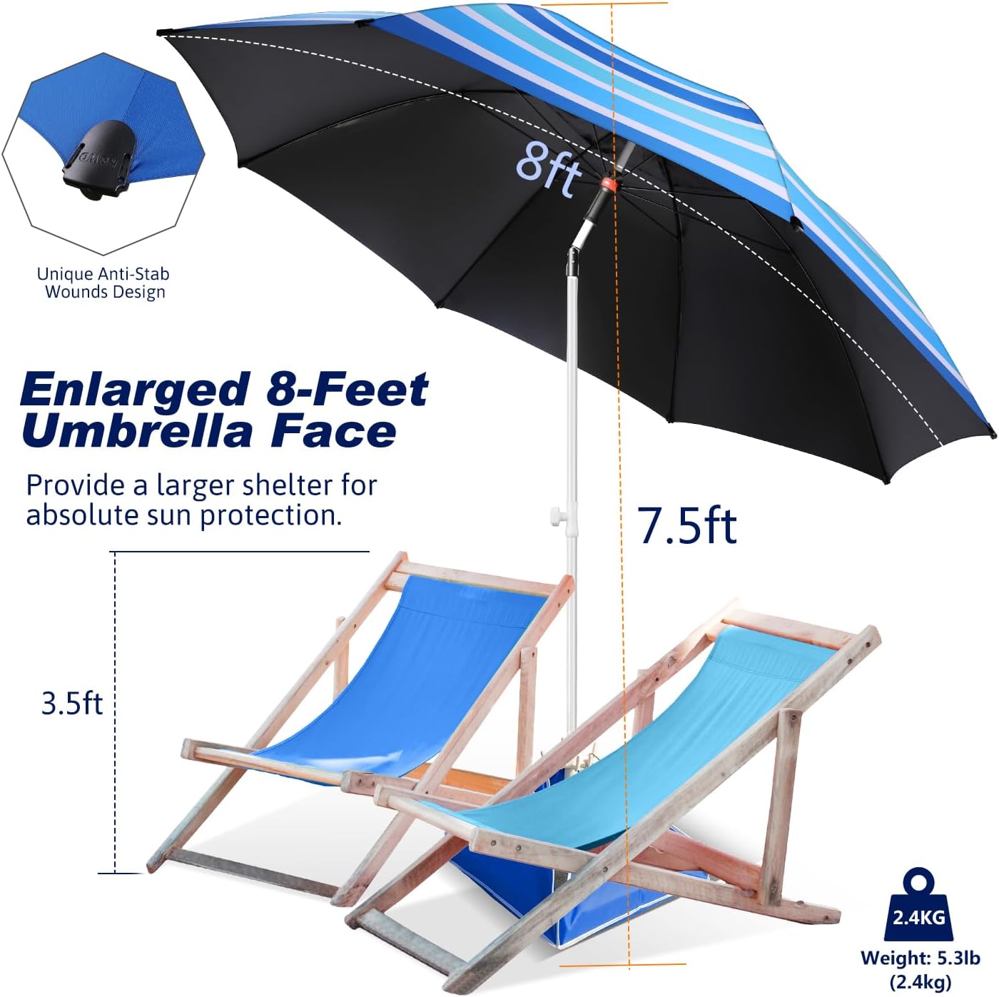 Fisqueen 8FT Large Beach Umbrella with Wind Resistance Sand Anchor Sand Bag, Portable Outdoor Umbrella with UPF50  UV Protection, Tilt Sun Shelter for Beach, Patio, Yard