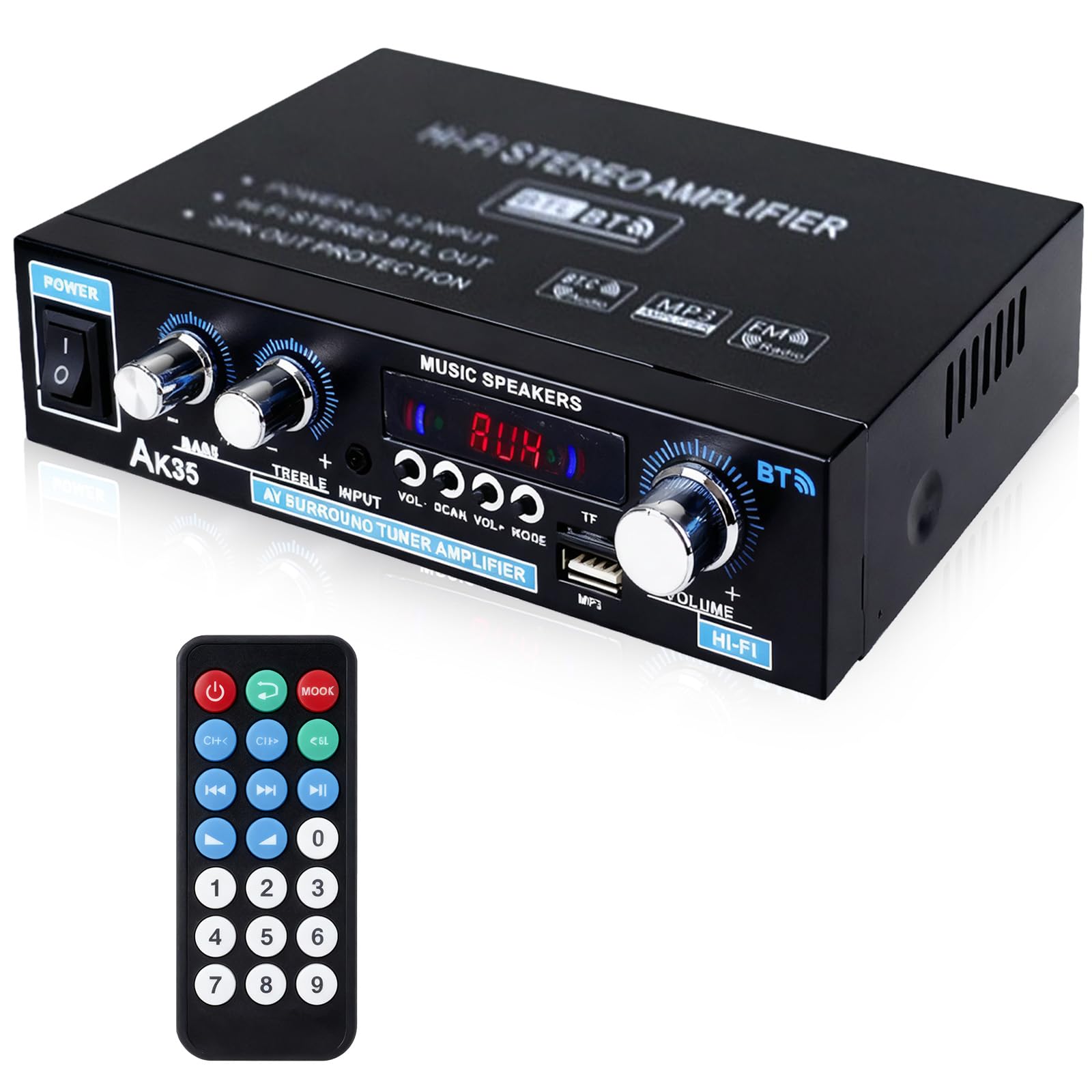 AK35 Amplificatore HiFi Bluetooth 5.0 2.0 Canali 30W X 2 Amplificatore Stereo HiFi Amplificatore Finale di Potenza Mini Radio Audio Amplificatore Ricevitore con Radio FM, Telecomando, Scheda SD, USB