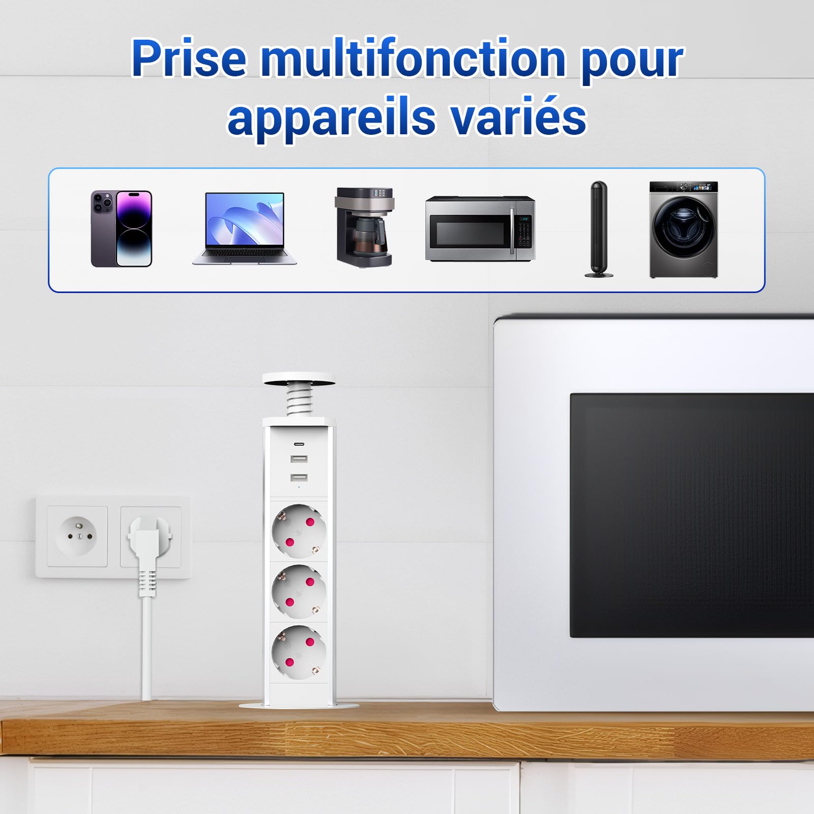 Steckdosenleiste Unterputz Block PD 20 W Schnellladung mit 3 Steckdosen, 2 USB-A und 1 USB-C Kabel 1,8 m, Ø 60 mm, versenkbare Steckdose, Arbeitsplatte für Küche, Büro, Schlafzimmer, Wohnzimmer