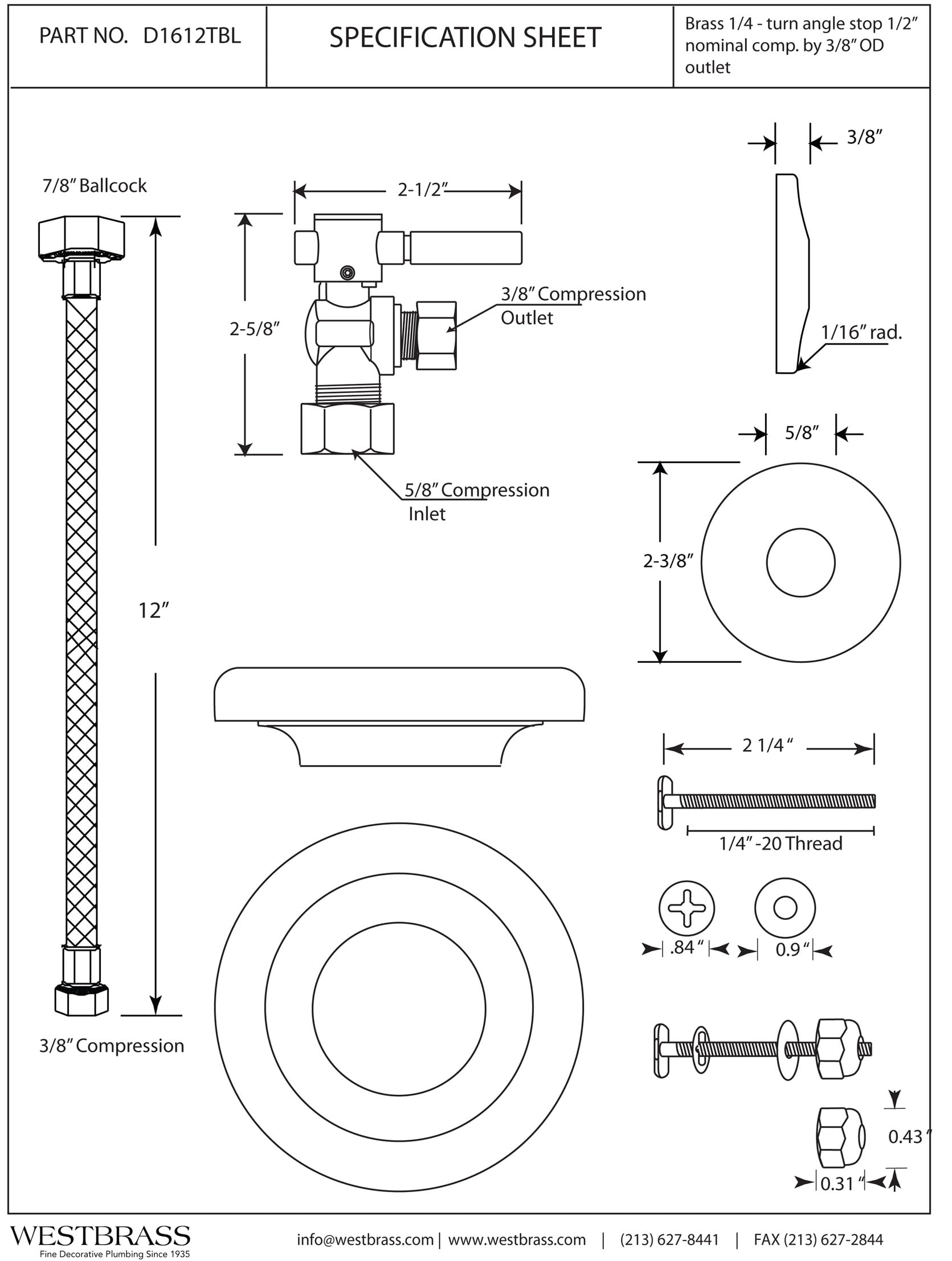 Westbrass - Kit de instalación de mango de compresión nominal para inodoro con línea de suministro de acero (1,27 cm), D1612TBL-26