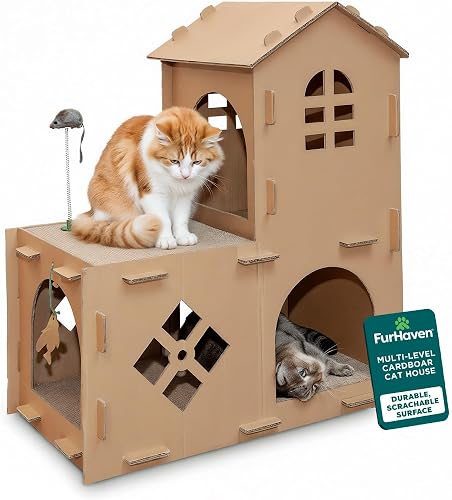 Furhaven Multi-Level Cardboard Cat House w/Catnip for Indoor Cats, Ft. Scratching Pads & Toys - Farmhouse Corrugated Cat Scratcher Hideout - Cardboard Brown, One Size