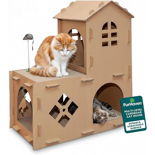 FurHaven Farmhouse Multi-Level Cardboard Cat House for Indoor Cats with Catnip & Toys, Double-Walled Corrugated Scratcher Designed for Lounging, Play & Comfort, One Size, Cardboard, Brown
