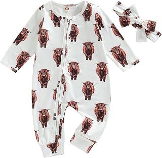 Western Newborn Baby Boy Girl Cow Print Romper Jumpsuit Crewneck One Piece Bodysuit Infant Fall Winter Outfit