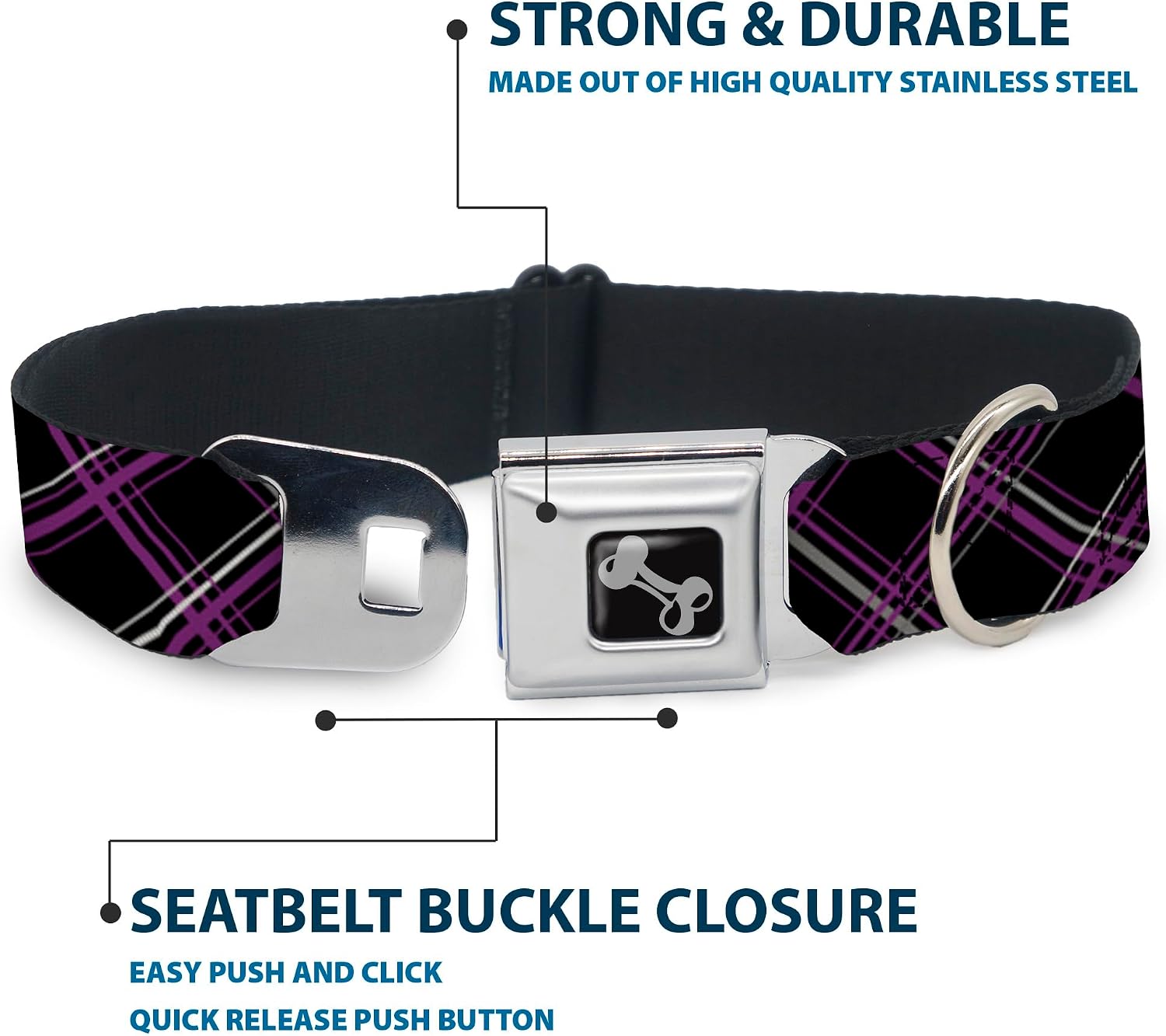 Buckle-Down Seatbelt Buckle Dog Collar - Plaid Black/Purple/Gray - 1" Wide - Fits 15-26" Neck - Large