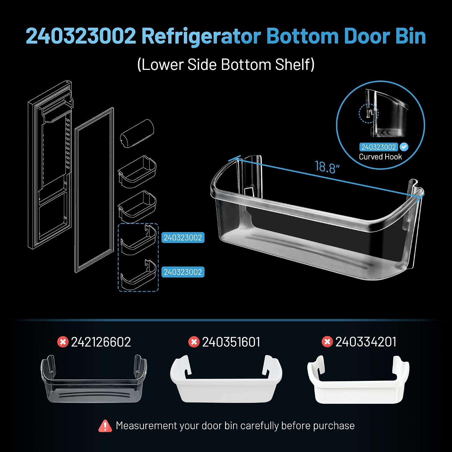 2 Pack 240323002 Refrigerator Door Bin Shelf 15.88" L x 4.25" W x 5" H, Replacement Bottom Door Shelf Compatible with F-rigidaire, Ken-more, Cro-sley | Replace 240323005 240323006 240323009 240323010 FGHS2631PF4A, FGHS2655PF5A, FGHS2655PF4 Bottom Side Shelf - 2 Pack