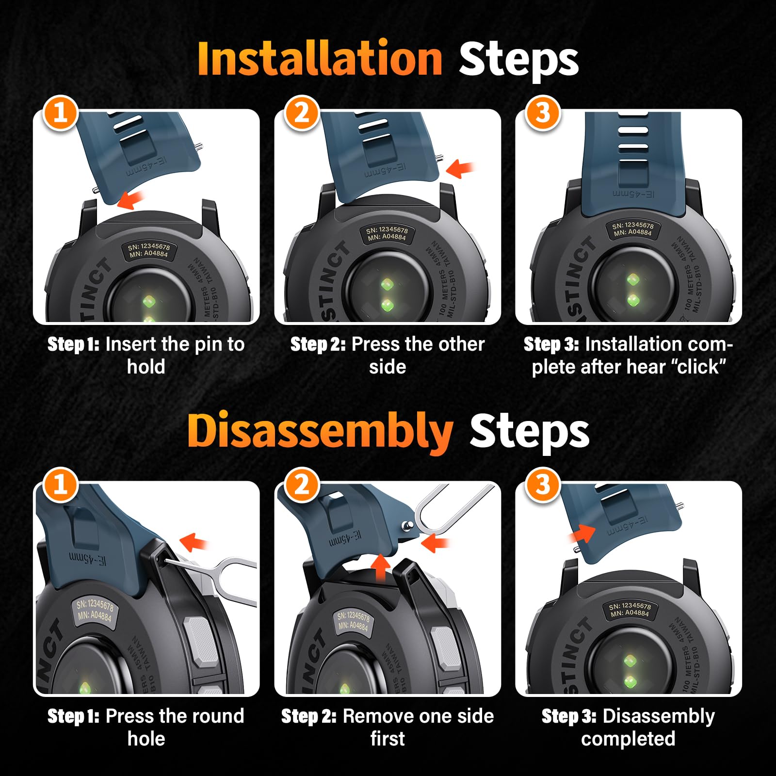 Kompatybilny z Garmin Instinct E45 mm/Instinct E40mm/Instinct 3-45 mm/Instinct 3-50 mm, silikonowy pasek do zegarka 20 mm/22 mm/26 mm