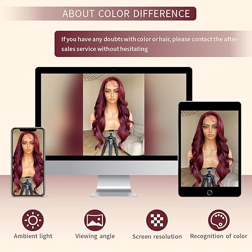 Miniatura 6 de Pelucas de encaje frontal burdeos 99j, pelucas de encaje frontal sintéticas burdeos pre-peladas listas para usar sin pegamento, pelucas de encaje