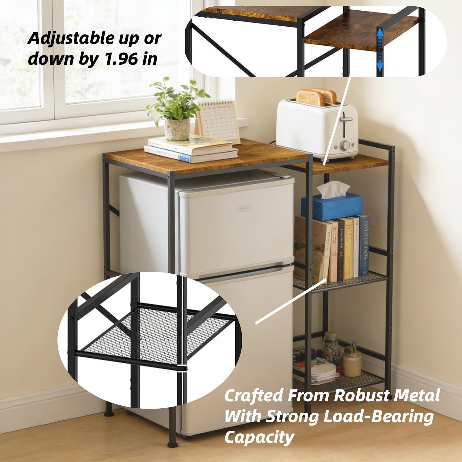 XUDREZ Soporte pequeño para nevera con estantes de almacenamiento, soporte ajustable para microondas, organizador de cocina multifuncional para tostadora, cafetera, estante de pie para hornear para el