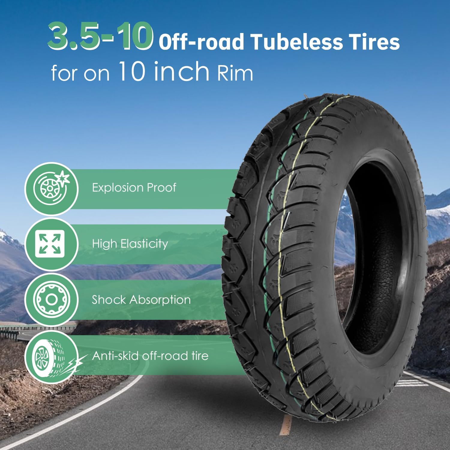 3.50-10 Scooter Tubeless Tire, 10 Inch Electric Bike tire, Tire for Front/Rear Replacement, for Adly Breeze 50 and Sprint 50 and compatible with other 50cc Scooters [Bent Mouth Valve]