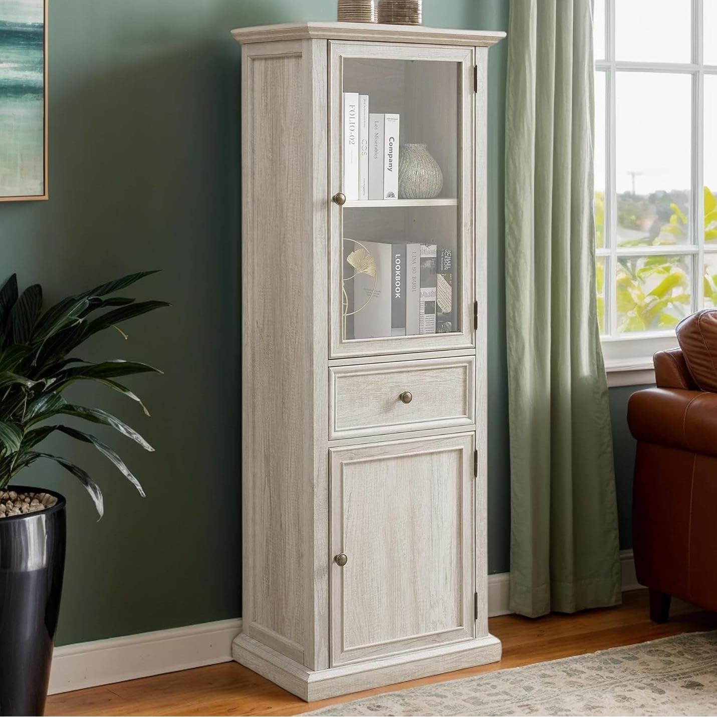 65" Tall Bookcase with Tempered Glass Door, Elegant Freestanding Display Cabinet with Drawer, Modern Wooden Kitchen Pantry Storage Cabinets for Living Room/Office(White)