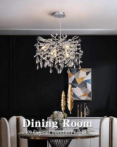 Miniatura 3 de Candelabro moderno de cristal de rama de árbol, iluminación colgante de cristal plateado de lujo de 18 pulgadas, candelabros contemporáneos de 6