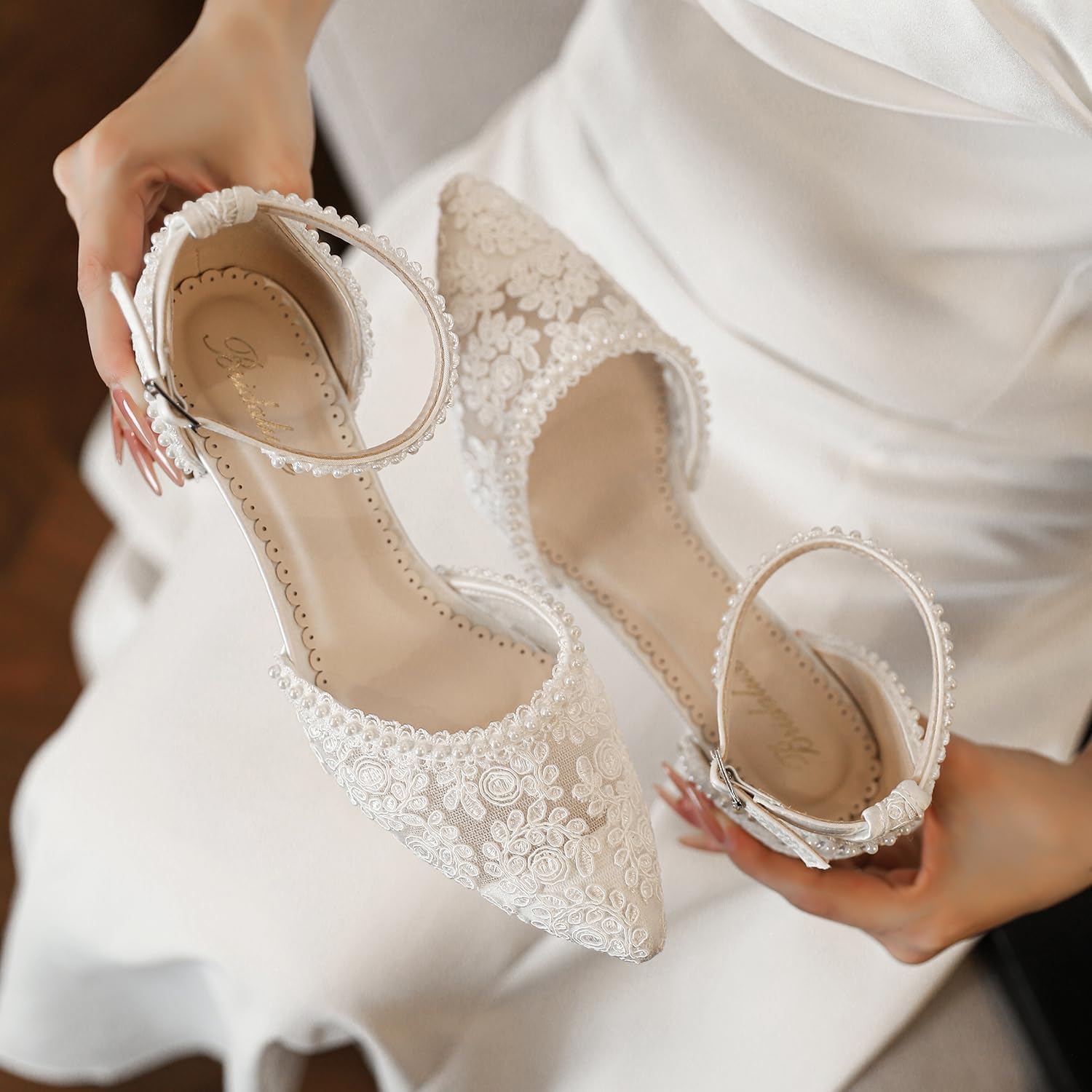 Bridaluxe 1601 Women’s Closed Toe Wedding Shoes 1.77 Inch Low Block Heel Lace Pearl Ankle Strap Bridal Pumps - Image 3