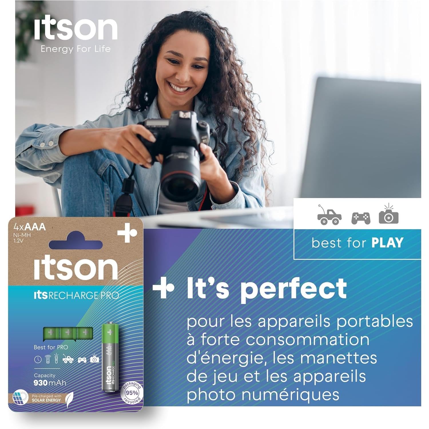ITSON - Lote de 3 pilas recargables AAA Pro NiMH listas para usar, 930 mAh, ideales para dispositivos fotográficos, mandos de juego, juguetes para niños