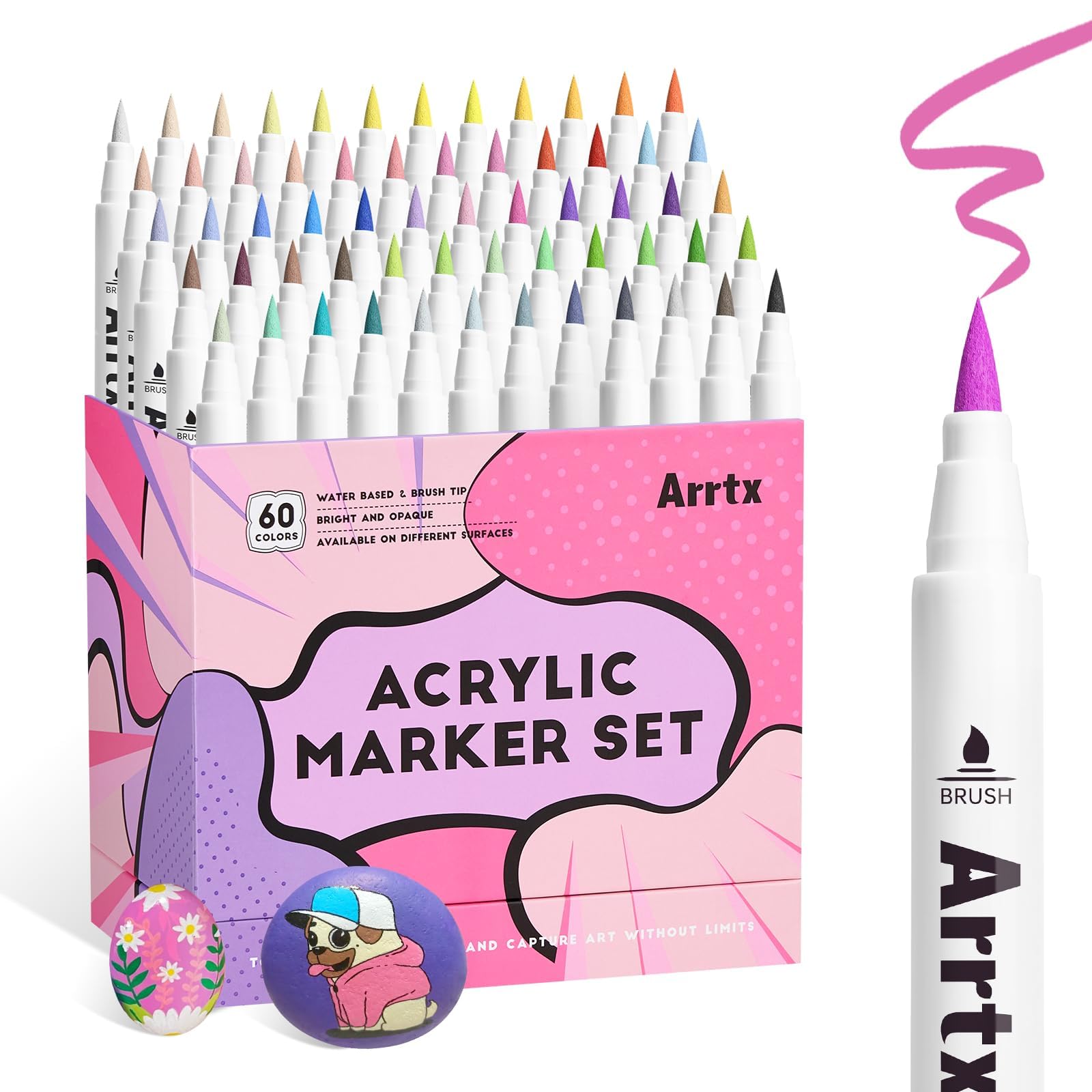 Arrtx 60 Color Brush Paint Markers Paint Pens, Acrylic Paint Pens for Artists Adults Painting Drawing Cartoon Anime Comic - Rock Painting, Wood, Canvas, DIY Crafts, Multicolor