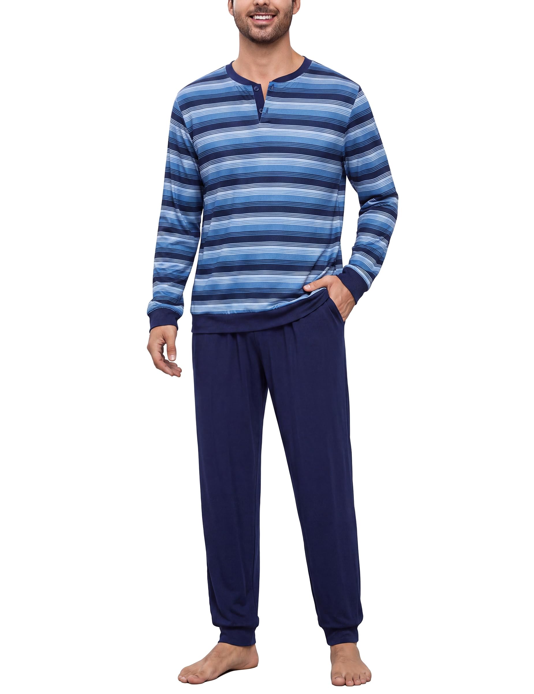 Bresdk Schlafanzug Herren Lang Pyjama Set mit Bündchen und Knopfleiste | Zweiteiliger gestreifter Herren-Schlafanzüge mit Langarmshirt, Knopfleiste, praktischen Taschen und Kordelzugbund S-3XL