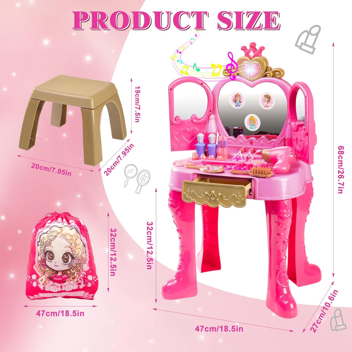 Toddler Girls Vanity Makeup Table and Kids Kitchen Playset