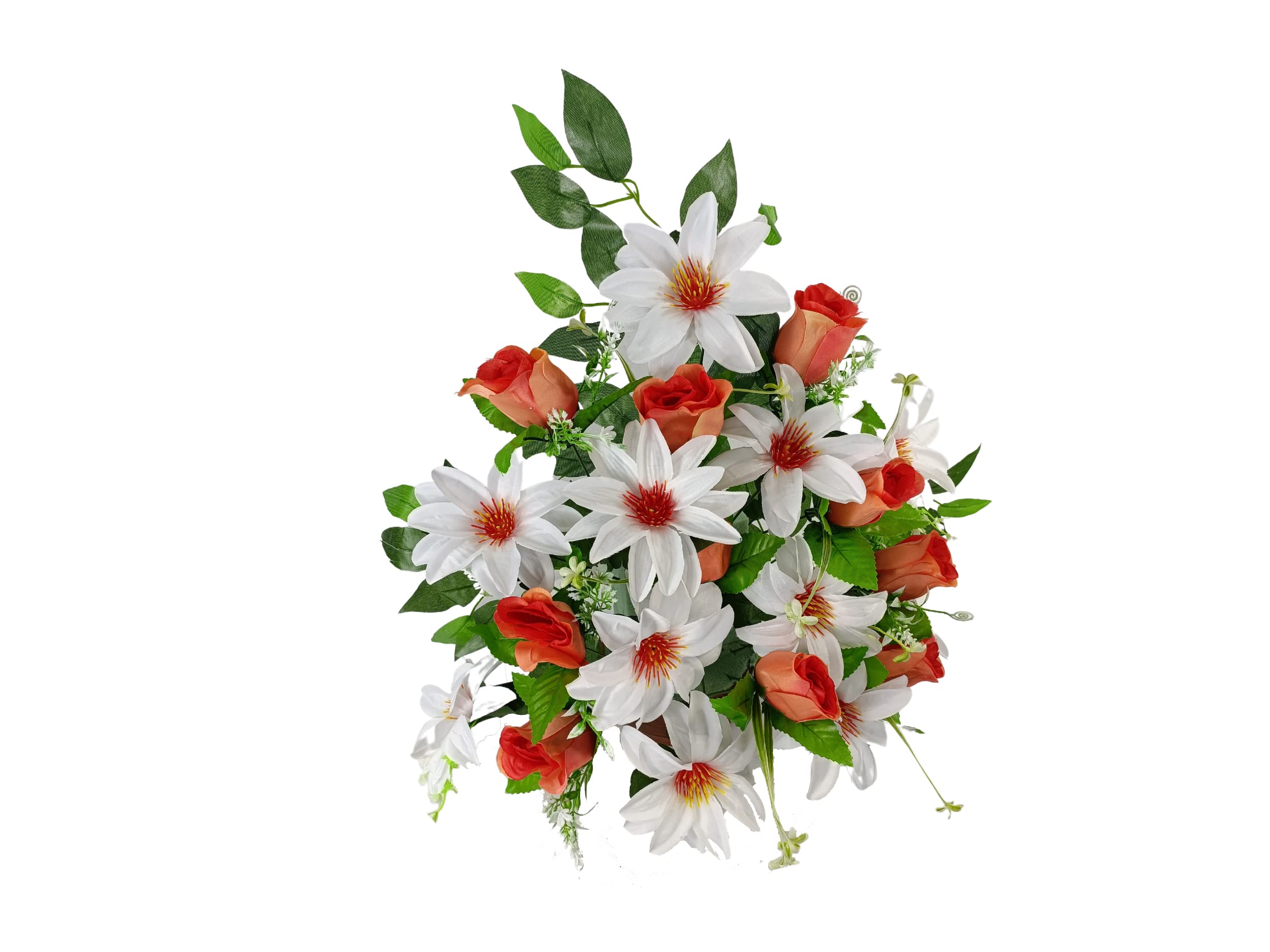 DRW Centre de Fleurs artificielles pour cimetière bourgeons et Dahlias Blanc et Orange 60x40 cm