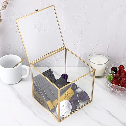 Miniatura 7 de ELLDOO Soporte para cápsulas de café de vidrio dorado, caja de almacenamiento de cápsulas de café con tapa, bolsas de té, paquetes de azúcar,