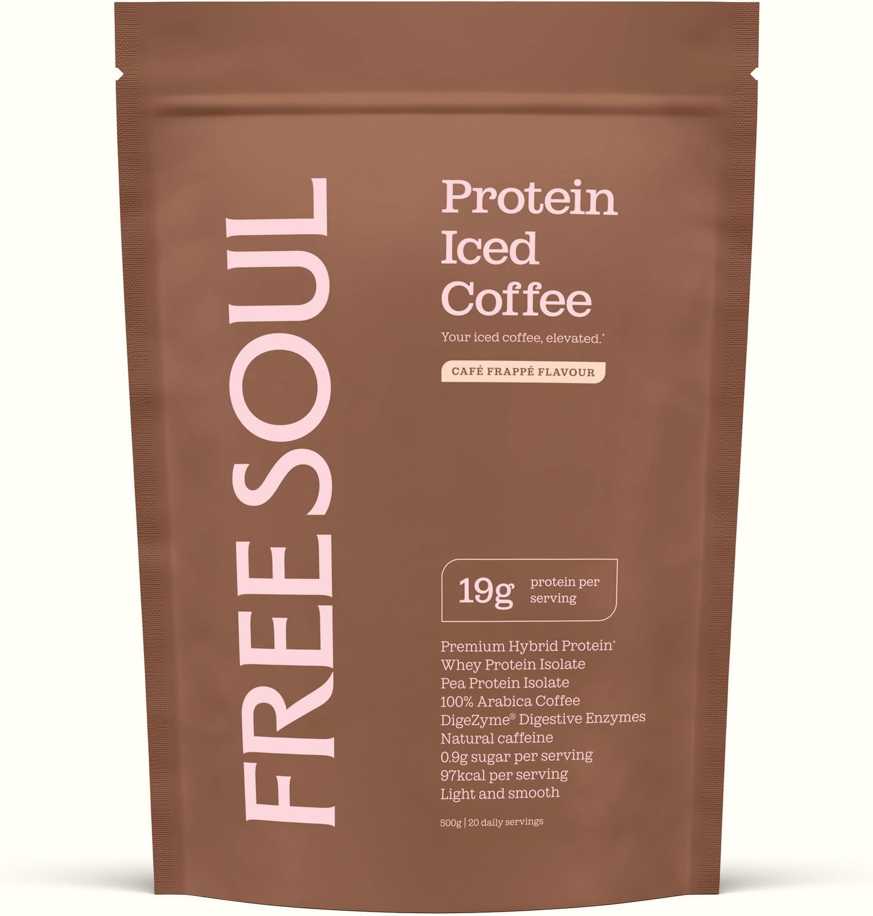 Protein Iced Coffee | 19g Protein & 80mg Caffeine per Serving | Only 97Kcal | Low Calorie + High Protein | Whey Protein & Pea Protein Isolate Blend + Digestive Enzymes | Café Frappé | Free Soul
