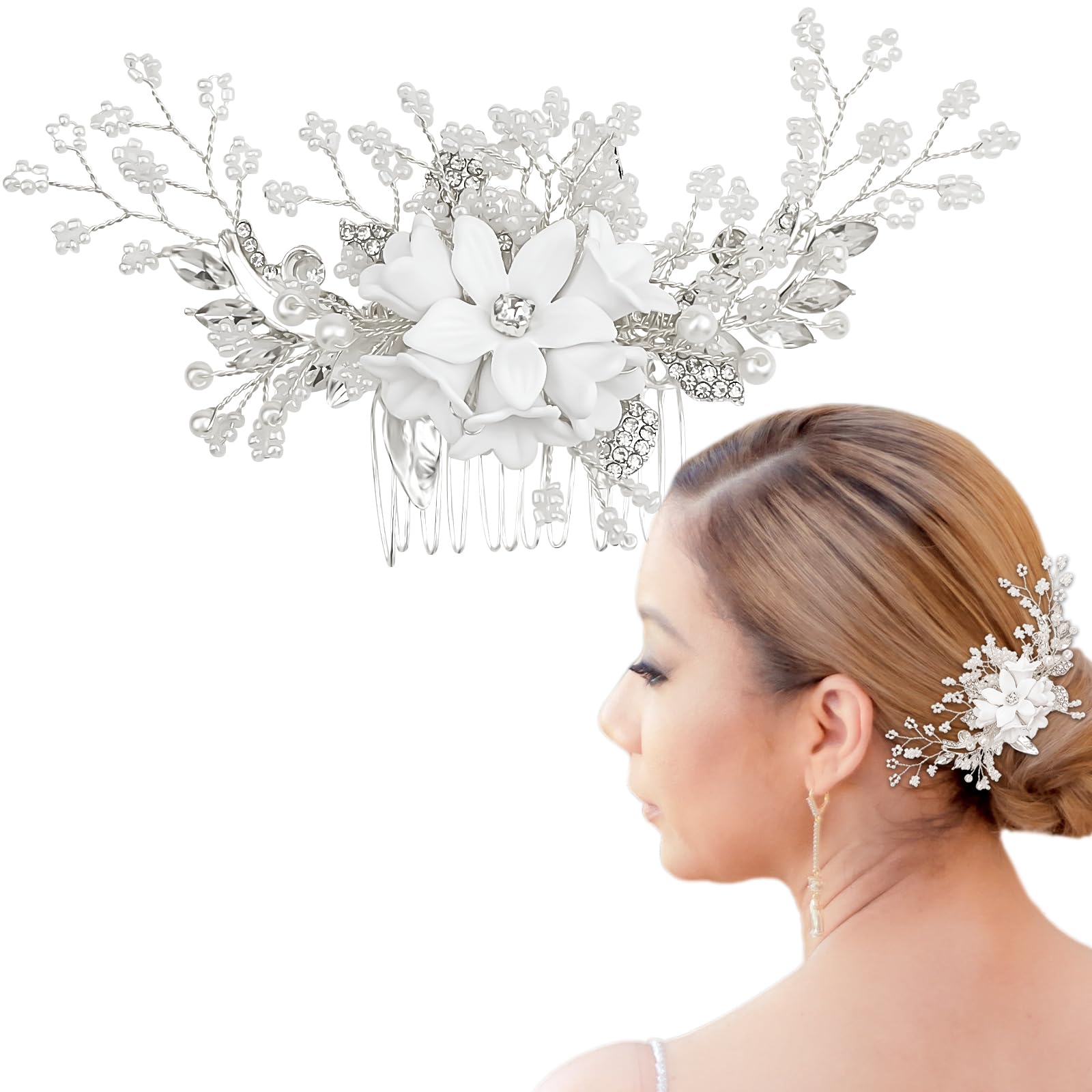 Crystal Bride Wedding Hair Comb Silver Rhinestone Flower Pearl Hair Accessory AMORARSI Pearl Rhinestone Wedding Hair Comb - Crystal Bridal  main image 3