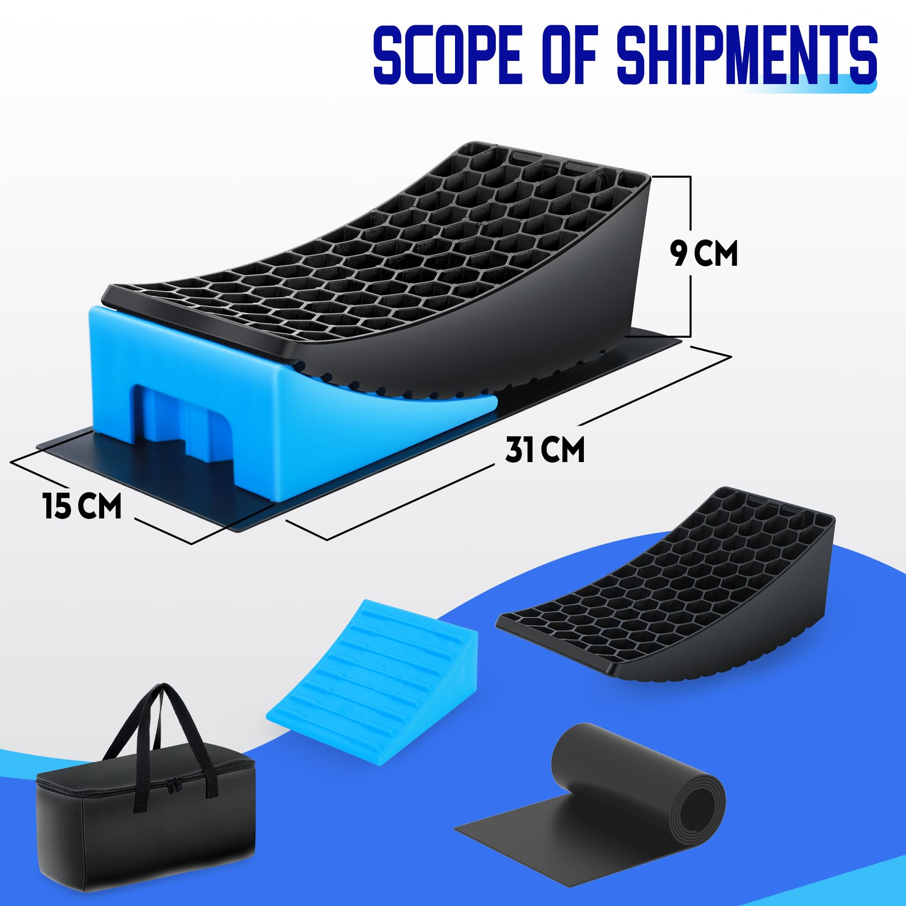 Rampas Para Coches, Calzos Autocaravana, 2 Unidades Rampa Coche, Camper Furgoneta Accesorios, Estabilizadores Camper, Máximo 5 Toneladas, Cuñas Niveladores Para Cualquier Superficie (blue)