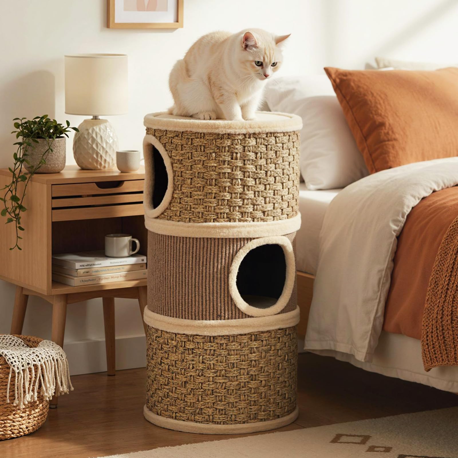 GYMAX Tonneau Griffoir avec 3 Grandes Entrées, Revêtu de Sisal et Cordes Tissées Résistants à Gratter, Perchoir Supérieur Doux à Se Reposer, Trous Internes, 36 x 36 x 70 cm