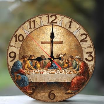 Last Supper Wall Clock Religious Decor Mosaic Art 10-Inch Wooden Wall Clock, Silent Movement, Perfect for Living Room Bedroom Bathroom Home Decor